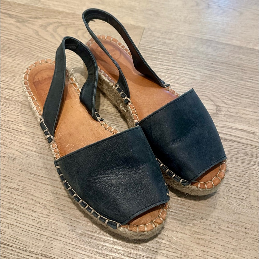ALOHAS Black Leather Slingback Espadrille Flats
